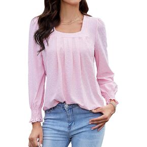 Tanst Sky حريمي 2023 نفخة كم طويل بلايز ساحة الرقبة قمصان مطوية عادية فضفاض تونك البلوزات in Kuwait