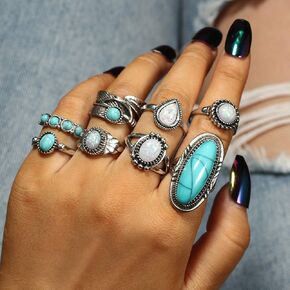 Missgrace Boho Silver Turquoise Ring Set Finger Rings Sets Vintage Carved Knuckle Rings for Women and Girls 8Pcs