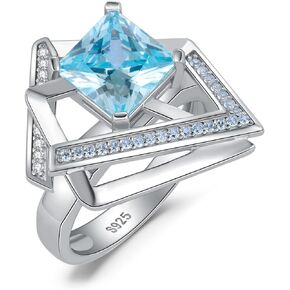 JewelryPalace Geometric Princess Cut 4.3ct Blue Cubic Zirconia Cocktail Rings for Women, Art Deco 14K White Gold 925 Sterling Silver Ring for Girl, CZ Gemstone Jewelry Sets Rings