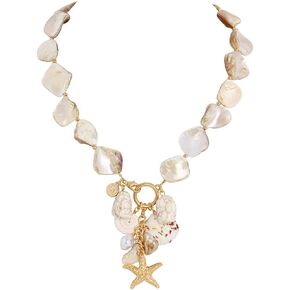 Firstmeet Natural Freshwater Shell Choker With Pearl Starfish Turquoise Pendant Irregular Mother of Pearl Necklaces for Women