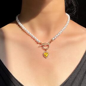 Rannyrena Vintage Pearl Choker Necklace with Crystal Heart Pendant Glitter Gold Circle Bar Gemstone Toggle Necklace Baroque Costume Party Accessories for Women (Transparent)