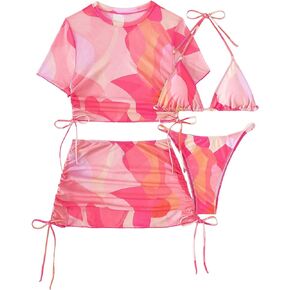 SHENHE Women's 4 Pieces Thong Swimsuits Halter Triangle Bikini Set with Cover Up Top and Skirt