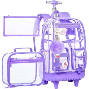 Rolling Clear Backpack for Girls Women, Heavy Duty PVC Transparent Bookbag, See Through Wheeled Bookbag with Lunch Box for Teens Elementary Travel - Black
