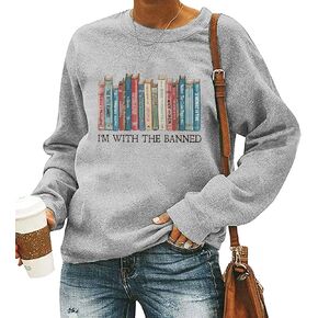 I'm With The Banned Books Sweatshirt Women Banned Books Lover Pullover Funny Reader Graphic Shirts Casual Teacher Top