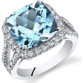 PEORA Swiss Blue Topaz Signature Ring for Women 925 Sterling Silver, Genuine Gemstone Birthstone, Large 6.25 Carats Cushion Cut 11mm, Sizes 5 to 9