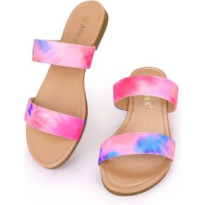Allegra K Women's Tie Dye Open Toe Slides Slippers Slip on Flats Slides Sandals