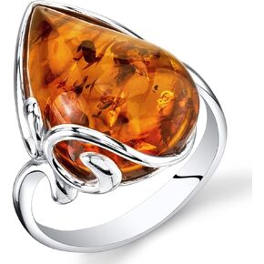 PEORA Genuine Baltic Amber Ring for Women 925 Sterling Silver, Large Teardrop Shape, Rich Cognac Color Sizes 5 to 9
