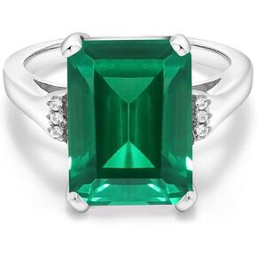 Gem Stone King 925 Sterling Silver Green Simulated Emerald Engagement Ring For Women (6.57 Cttw, Emerald Cut 14X10MM, Available In Size 5, 6, 7, 8, 9)
