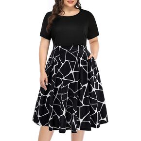 Pinup Fashion Women's Plus Size Midi Dresses Round Neck Summer Casual Party Swing Dress with Pockets