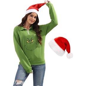 New Pullover Ugly Christmas Sweaters Cartoon Character Green Monster Print Unisex Sweatshirt with Christmas Hat