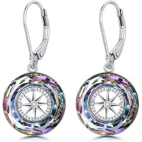 Compass Earrings 925 Sterling Silver Circle Pendant with Color-change Crystal, College Graduation Jewelry Gifts for Women