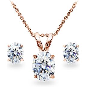 Sterling Silver Oval Solitaire Stud Earrings & Necklace Set Made with AAA Cubic Zirconia
