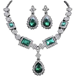 Secret for Longevity Silver Tone Antique Retro Style Art Deco Gatsby Dark Hunter Forest Green Emerald Rhinestone Statement Wedding Bridal Prom Chunky Statement Earrings Necklace Gift Set