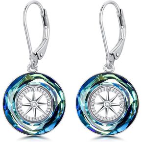 Compass Earrings 925 Sterling Silver Circle Pendant with Color-change Crystal, College Graduation Jewelry Gifts for Women