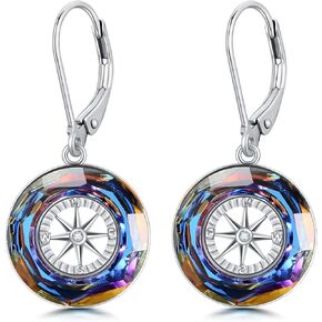 Compass Earrings 925 Sterling Silver Circle Pendant with Color-change Crystal, College Graduation Jewelry Gifts for Women