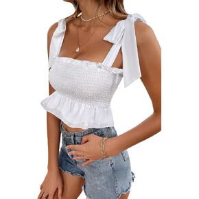 Floerns Women's Tie Shoulder Sleeveless Shirred Solid Crop Cami Peplum Top