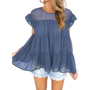 DOROSE Womens Babydoll Tops Swiss Dot Peplum Top Ruffle Sleeve Flowy Blouse