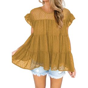 DOROSE Women's Babydoll Tops Swiss Dot Ruffle Sleeve Tiered Flowy Blouses Dressy Casual Summer Shirts in Kuwait