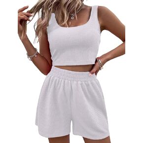 Women's 2 Piece Outfits Ribbed Knitted Sleeveless Solid Crop Tank Top and Shorts Set