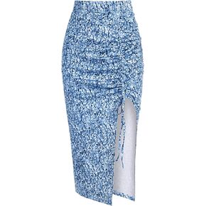 ZAFUL Women's Boho Floral Midi Skirt High Waist Ruched Bodycon Skirt Asymmetrical Split Sexy Skirt