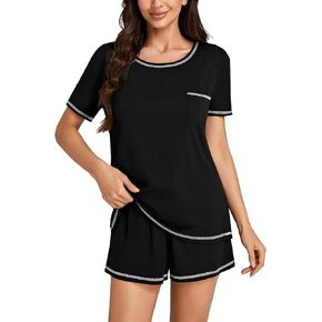 LYANER Women's Cotton Pajama Set Short Sleeve Chest Pocket T-shirt With Shorts Set PJ Loungewear