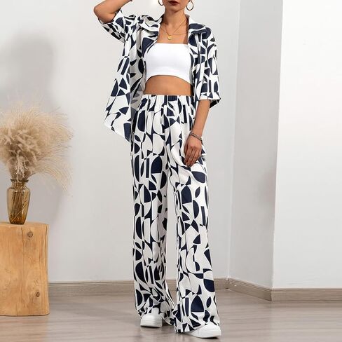 ملابس نسائية صيفية غير رسمية مكونة من قطعتين، قمصان بأكمام قصيرة وأزرار سفلية وسراويل عالية الخصر، مجموعات ملابس الشارع للإجازات in Kuwait