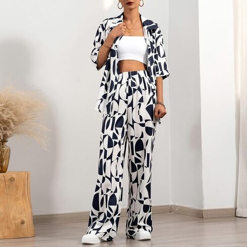 ملابس نسائية صيفية غير رسمية مكونة من قطعتين، قمصان بأكمام قصيرة وأزرار سفلية وسراويل عالية الخصر، مجموعات ملابس الشارع للإجازات in Kuwait