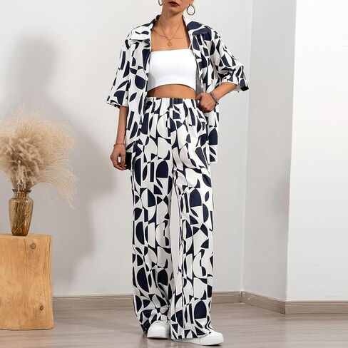 ملابس نسائية صيفية غير رسمية مكونة من قطعتين، قمصان بأكمام قصيرة وأزرار سفلية وسراويل عالية الخصر، مجموعات ملابس الشارع للإجازات in Kuwait