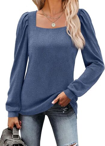 تي شيرت نسائي بأكمام طويلة ورقبة مربعة وأكمام منتفخة كاجوال فضفاضة من MIHOLL in Kuwait