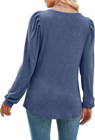 تي شيرت نسائي بأكمام طويلة ورقبة مربعة وأكمام منتفخة كاجوال فضفاضة من MIHOLL in Kuwait