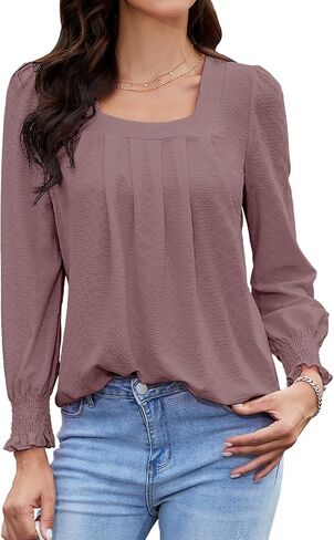 Tanst Sky Womens 2023 Puff Long Sleeve Tops Square Neck Pleated Shirts Casual Loose Tunic Blouses in Saudi Arabia
