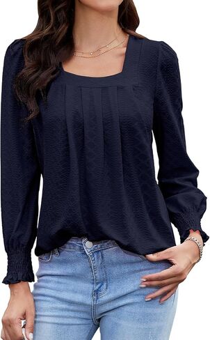 Tanst Sky Womens 2023 Puff Long Sleeve Tops Square Neck Pleated Shirts Casual Loose Tunic Blouses in Saudi Arabia