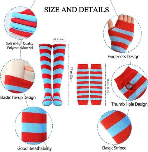 6 Pcs Tulle Tutu Skirt Set for Girls Women with Headband, Striped High Socks and Arm Warmer Gloves (Red, Blue) in Saudi Arabia
