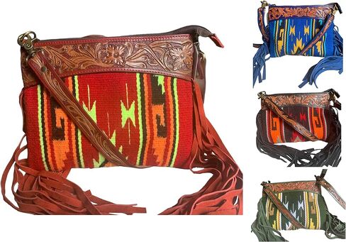 Majestic Ally Hand Tooled Pure Leather Cashmere Carry Cross Body Bag with Matching Leather Fringe in Saudi Arabia