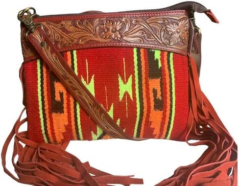 Majestic Ally Hand Tooled Pure Leather Cashmere Carry Cross Body Bag with Matching Leather Fringe in Saudi Arabia