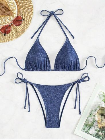 OYOANGLE Women's 2 Piece Solid Beach Halter Triangle Bra & Tie Side Bikini Sets String Swimsuits Bathing Suits in Saudi Arabia