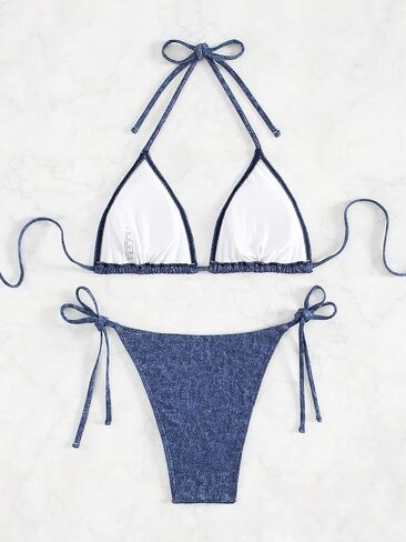 OYOANGLE Women's 2 Piece Solid Beach Halter Triangle Bra & Tie Side Bikini Sets String Swimsuits Bathing Suits in Saudi Arabia