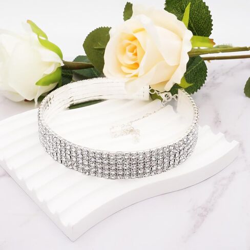 3 5 صف واضح حجر الراين واسعة المختنق قلادة الفضة مطلي طوق قلادة المرأة in Kuwait