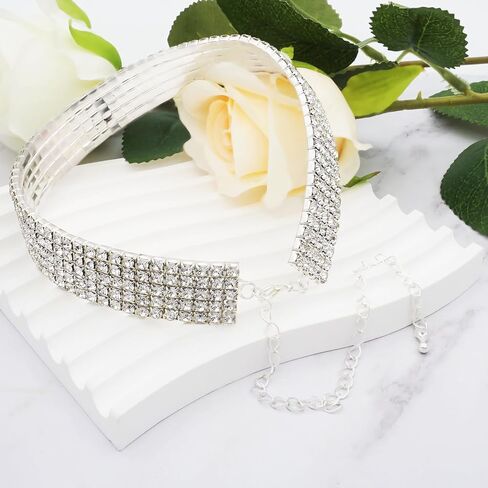 3 5 صف واضح حجر الراين واسعة المختنق قلادة الفضة مطلي طوق قلادة المرأة in Kuwait