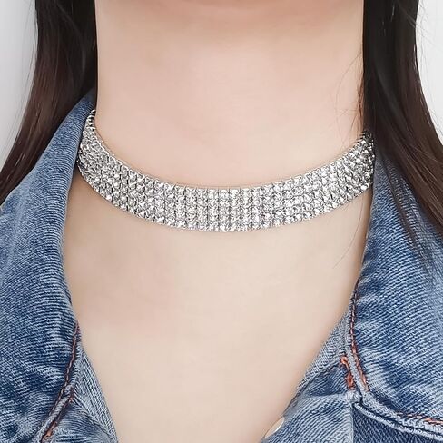 3 5 صف واضح حجر الراين واسعة المختنق قلادة الفضة مطلي طوق قلادة المرأة in Kuwait