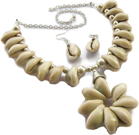 بيان الطبيعية Cowrie البحر شل قلادة مجموعة القرط | حرفي مصنوع يدويًا بسلك نحاسي | مجوهرات الأزياء للنساء | الغجر الهبي بوهو الهذيان القوطي الويكا القبلية النمط in Kuwait