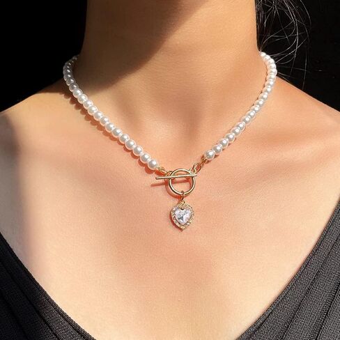 Rannyrena Vintage Pearl Choker Necklace with Crystal Heart Pendant Glitter Gold Circle Bar Gemstone Toggle Necklace Baroque Costume Party Accessories for Women (Transparent) in Saudi Arabia