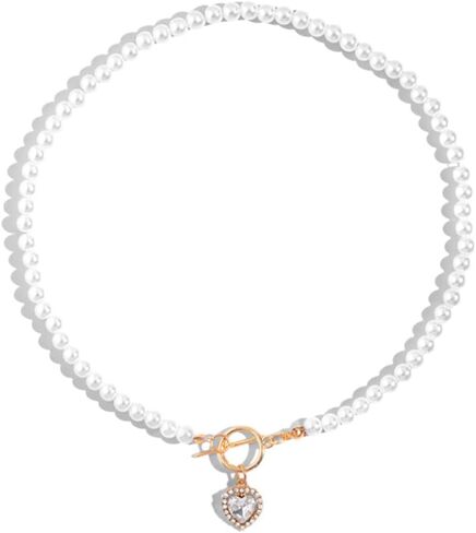 Rannyrena Vintage Pearl Choker Necklace with Crystal Heart Pendant Glitter Gold Circle Bar Gemstone Toggle Necklace Baroque Costume Party Accessories for Women (Transparent) in Saudi Arabia