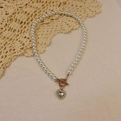 Rannyrena Vintage Pearl Choker Necklace with Crystal Heart Pendant Glitter Gold Circle Bar Gemstone Toggle Necklace Baroque Costume Party Accessories for Women (Transparent) in Saudi Arabia