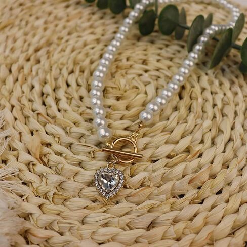 Rannyrena Vintage Pearl Choker Necklace with Crystal Heart Pendant Glitter Gold Circle Bar Gemstone Toggle Necklace Baroque Costume Party Accessories for Women (Transparent) in Saudi Arabia