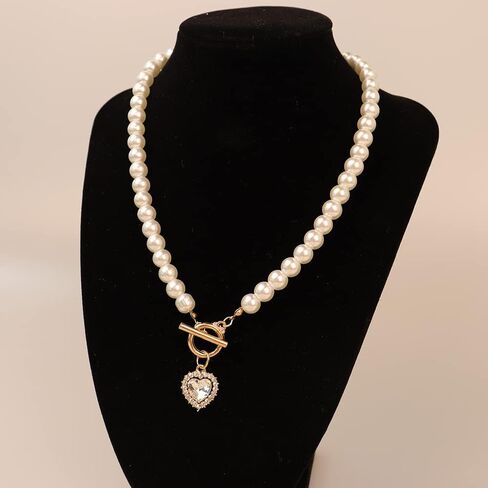 Rannyrena Vintage Pearl Choker Necklace with Crystal Heart Pendant Glitter Gold Circle Bar Gemstone Toggle Necklace Baroque Costume Party Accessories for Women (Transparent) in Saudi Arabia