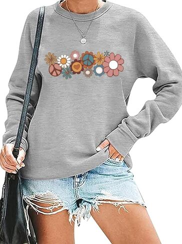 Hippie Sweatshirt for Women Cute Hippie 70s Pullover Funny Floral Rainbow Graphic Long Sleeve Shirt Fall Casual Tops in Kuwait
