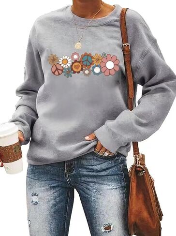 Hippie Sweatshirt for Women Cute Hippie 70s Pullover Funny Floral Rainbow Graphic Long Sleeve Shirt Fall Casual Tops in Kuwait