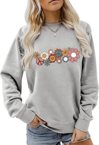 Hippie Sweatshirt for Women Cute Hippie 70s Pullover Funny Floral Rainbow Graphic Long Sleeve Shirt Fall Casual Tops in Kuwait