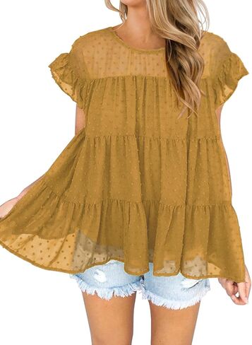 DOROSE Women's Babydoll Tops Swiss Dot Ruffle Sleeve Tiered Flowy Blouses Dressy Casual Summer Shirts in Kuwait